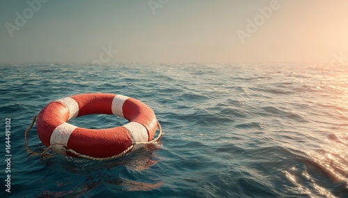 Life Preserver Floating in Ocean Waves with Splashing Water and Copy Space for Web Banner Design