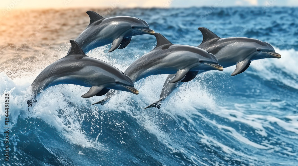 Fototapeta premium beautiful dolphins jumping over breaking waves