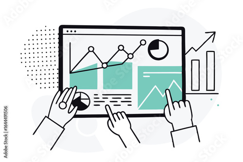 Hands interacting with a digital dashboard showing financial charts and graphs for business analysis