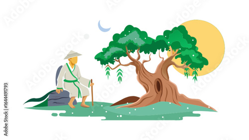 Illustration of a man resting under a tree at sunset vector graphic design nature scene landscape art work