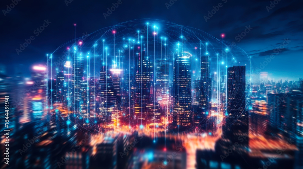 Fototapeta premium Abstract technology icons, night aerial panoramic cityscape
