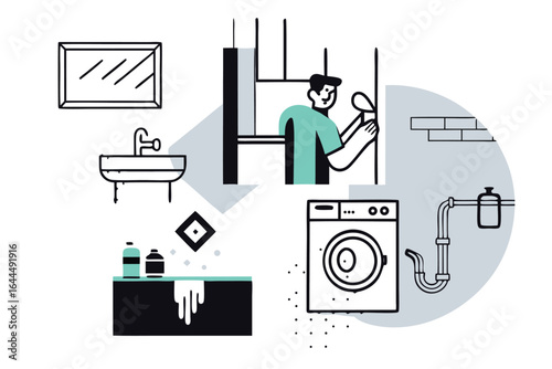 Man cleaning bathroom with sink mirror washing machine and plumbing illustration