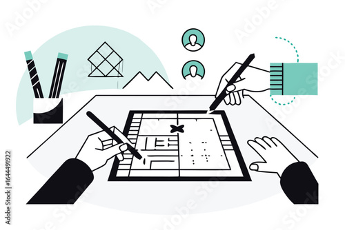 Hands collaborating on a blueprint using digital tablet and stylus for architectural design