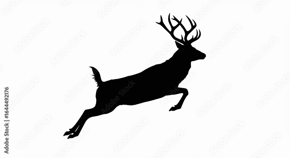 Fototapeta premium Black silhouette of a jumping deer with antlers extended on a white background