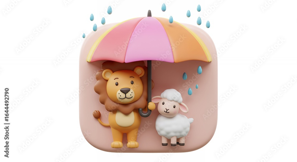 Obraz premium Lion and sheep sheltering under umbrella