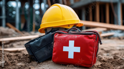construction site with a yellow hard hat and a red first-aid kit
