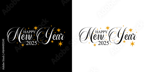 Elegant Happy New Year 2025 Typography Design, Handwritten Calligraphy with Golden Stars and Minimal Decorations. Perfect for Greeting Cards, Posters, Social Media, Invitations, and Holiday banner