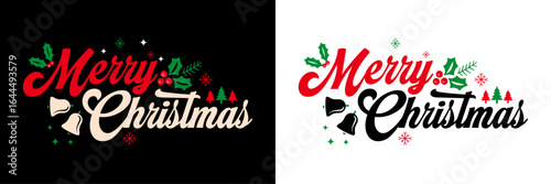 Merry christmas hand lettering calligraphy isolated on white background. Christmas typography lettering quotes illustration. Christmas illustration element Vector. bells, tree, postcard, social media