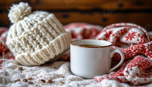 white knit hat and mug, winter, no people, no text, no logo