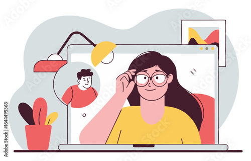 A woman on a video call looks out from a laptop screen, adjusting her glasses. A man in a small window and other desktop items are also visible.