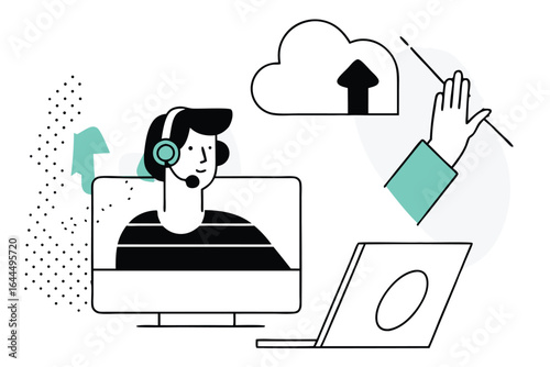 Customer support agent with headset and computer screen interacting with cloud technology and laptop