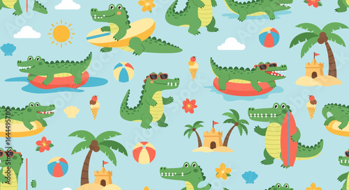Seamless cute crocodile summer pattern with playful crocodiles wearing hats and sunglasses, holding ice cream, surfing, and surrounded by palm trees, pineapples, suns, waves, and tropical flowers