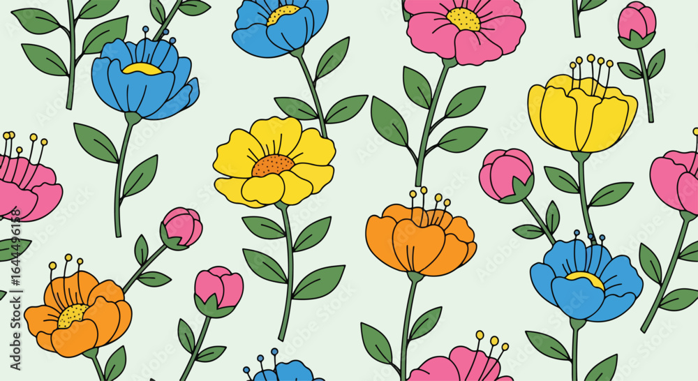Fototapeta premium Seamless cheerful floral pattern with colorful smiling flowers, sunflowers, daisies, tulips, hearts, and cute bees in playful flat style design