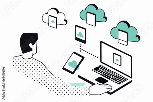 Man accessing cloud data and services on multiple devices with digital connections