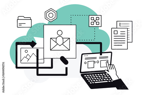 Digital data transfer and cloud storage concept with laptop and documents