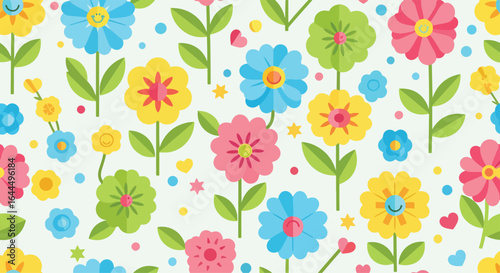 Wallpaper Mural Seamless cheerful floral pattern with colorful smiling flowers, sunflowers, daisies, tulips, hearts, and cute bees in playful flat style design Torontodigital.ca