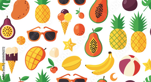 Seamless tropical fruit pattern with vibrant flat illustrations of pineapples, mangoes, papayas, bananas, passion fruits, ice cream, sunglasses, and summer beach elements on white background
