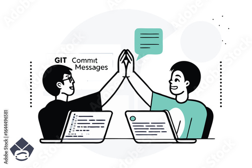 Two people high fiving while working on laptops with git commit message text