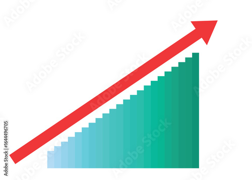Business arrow with a gradient-colored bar graph rising upward, symbolizing profit, progress, growth, optimism, improved performance, and increased production