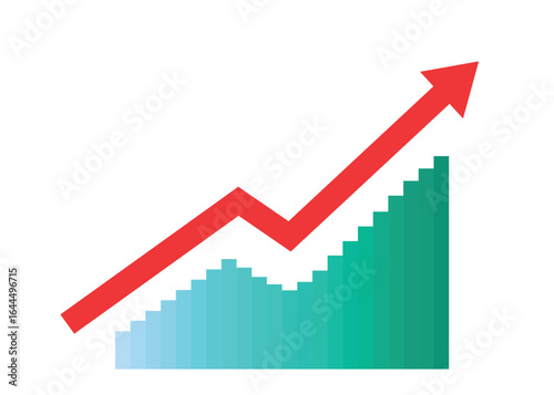 Business arrow in zigzag pattern with a gradient-colored bar graph rising upward, symbolizing profit, progress, growth, optimism, improved performance, and increased production