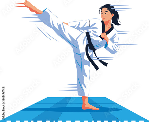 Woman in a white uniform with a black belt performing a high kick on a blue mat.