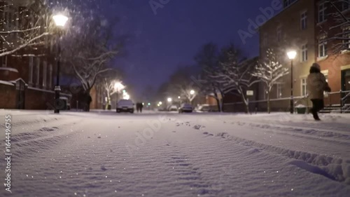 Snowy night street scene