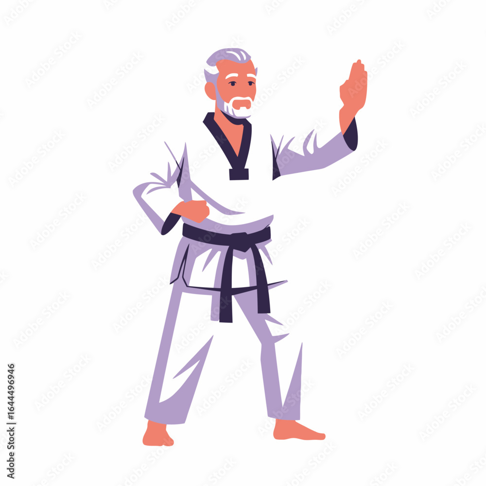 An elderly man in a white karate uniform demonstrating a defensive stance. An elderly man in a white karate uniform demonstrating a defensive stance.