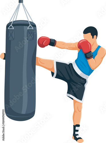A male kickboxer powerfully kicks a heavy bag during intense training.