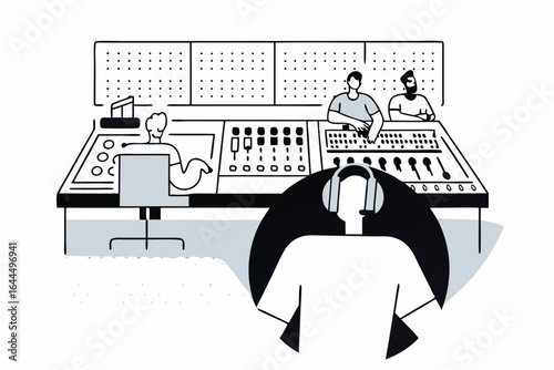 Musicians working together at a vintage analog synthesizer studio creating music