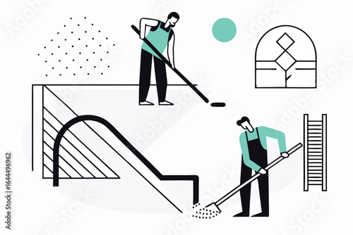 Two people playing ice hockey on a rink with a ladder and architectural design elements