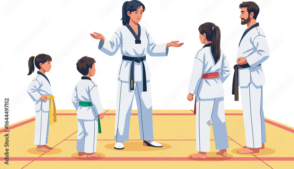 A Taekwondo instructor teaching a group of children on a mat. A Taekwondo instructor teaching a group of children on a mat.