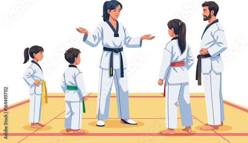 A Taekwondo instructor teaching a group of children on a mat.