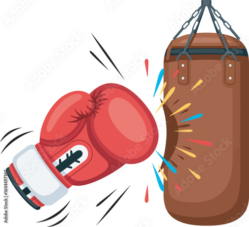 Red boxing glove striking a heavy bag, dynamic impact, training, fitness.