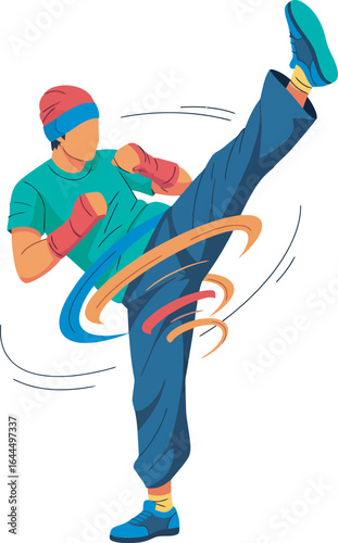 An illustration of a man performing a high kick, wearing a beanie and wraps on his hands.