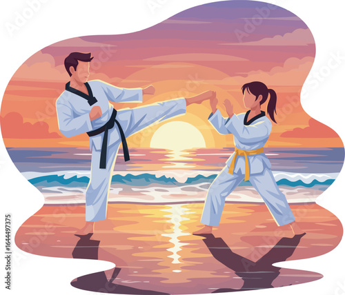 Taekwondo practitioners sparring on a beach at sunset, showcasing dynamic martial arts moves and coastal serenity.