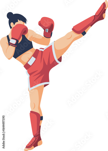 A female martial artist, clad in protective gear, executes a powerful high kick.