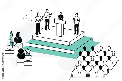 Speakers on a stage addressing an audience at a conference or event