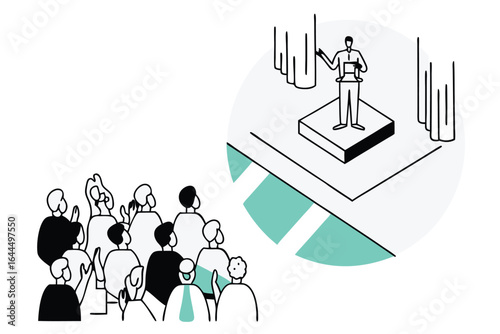 Speaker addressing audience in modern auditorium with abstract design elements
