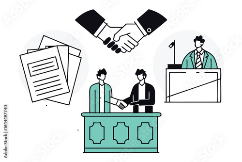 Business partnership agreement and legal deal making with handshake and courtroom illustration