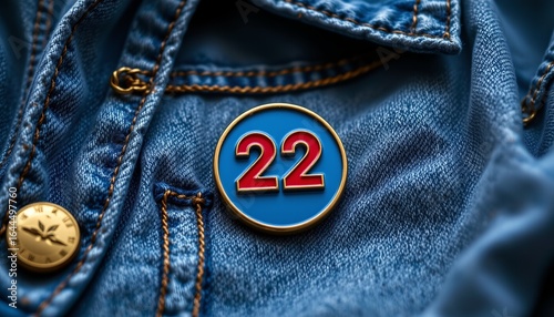 enamel pin mockup on denim jacket, flat lay
