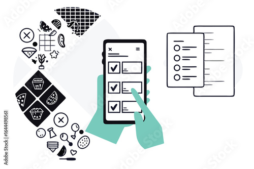 Hands holding a smartphone with a checklist app and a paper list nearby