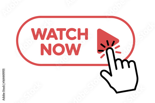 Watch Now Button Icon with Hand Click Play Symbol – Vector Illustration

