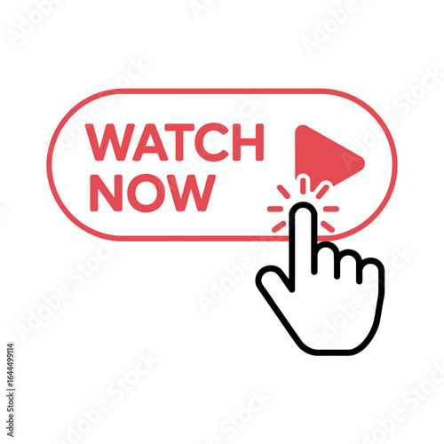 Watch Now Button Icon with Hand Click Play Symbol – Vector Illustration

