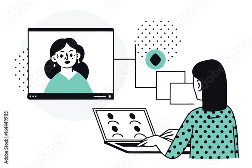 Woman interacting with a video call on her laptop with a digital interface