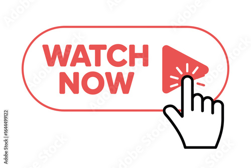 Watch Now Button Icon with Hand Click Play Symbol – Vector Illustration

