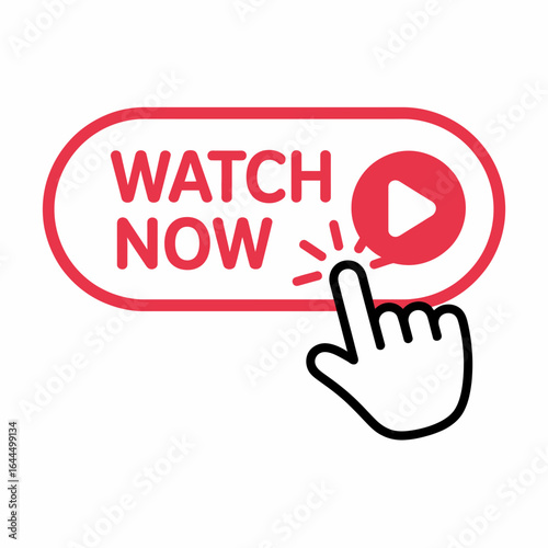 Watch Now Button Icon with Hand Click Play Symbol – Vector Illustration

