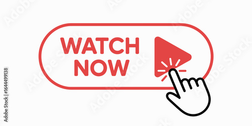 Watch Now Button Icon with Hand Click Play Symbol – Vector Illustration

