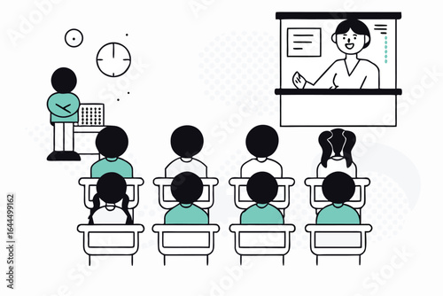 Students attentively listen to a teacher presenting information on a screen in a classroom setting