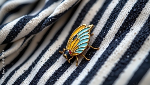 enamel brooch mockup on striped fabric, no people