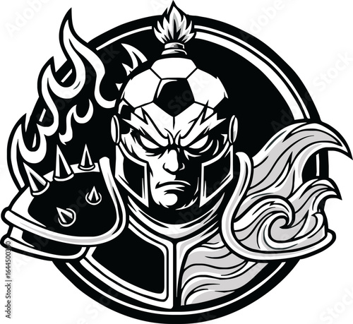 A fierce gladiator mascot with a soccer ball helmet, spiked armor, surrounded by flames and waves.